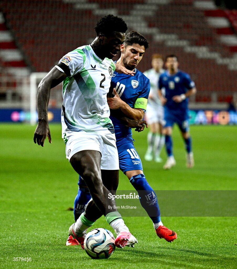 27 September 2026; James Abankwah of Republic of Ireland and Manor Solomon of Israel during the UEFA Nations League B match between Israel and the Republic of Ireland at Nagyerdei Stadion in Debrecen, Hungary. Photo by Ben McShane/Sportsfile