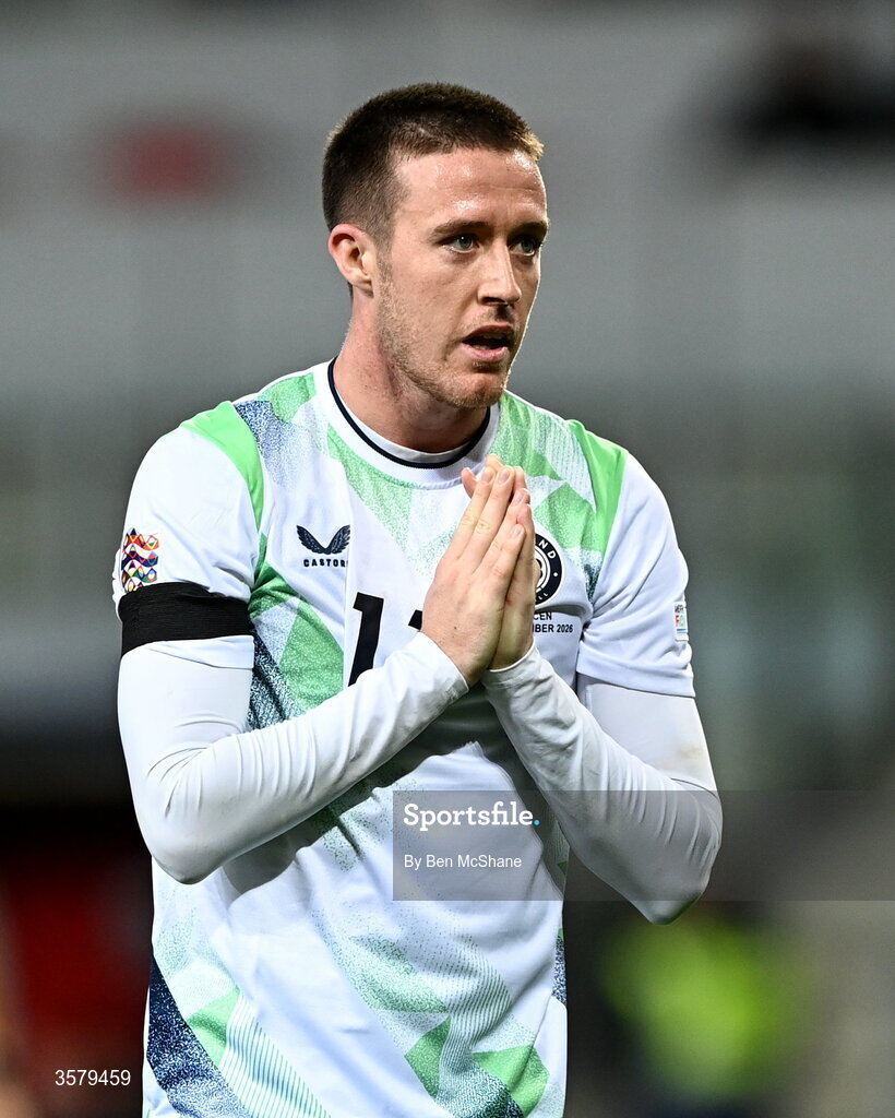 27 September 2026; Jack Moylan of Republic of Ireland reacts to a missed opportunity on goal during the UEFA Nations League B match between Israel and the Republic of Ireland at Nagyerdei Stadion in Debrecen, Hungary. Photo by Ben McShane/Sportsfile