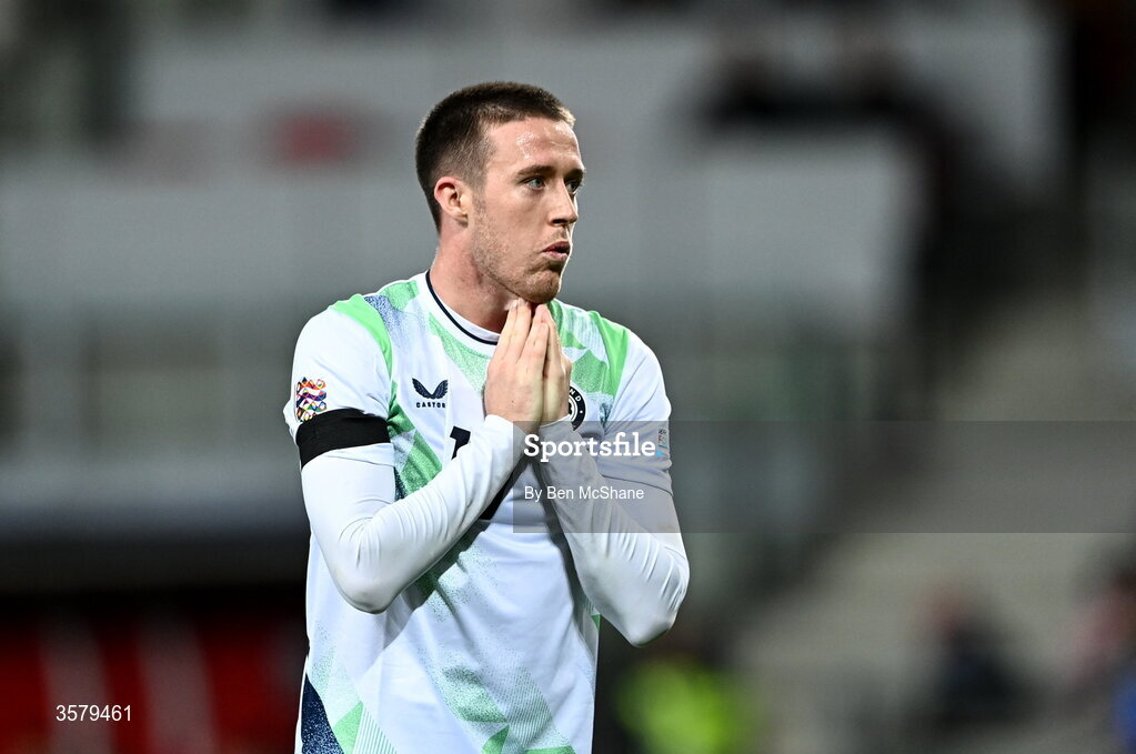 27 September 2026; Jack Moylan of Republic of Ireland reacts to a missed opportunity on goal during the UEFA Nations League B match between Israel and the Republic of Ireland at Nagyerdei Stadion in Debrecen, Hungary. Photo by Ben McShane/Sportsfile