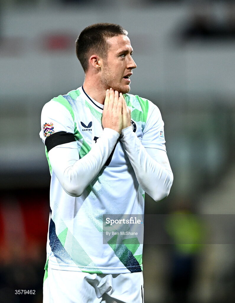 27 September 2026; Jack Moylan of Republic of Ireland reacts to a missed opportunity on goal during the UEFA Nations League B match between Israel and the Republic of Ireland at Nagyerdei Stadion in Debrecen, Hungary. Photo by Ben McShane/Sportsfile