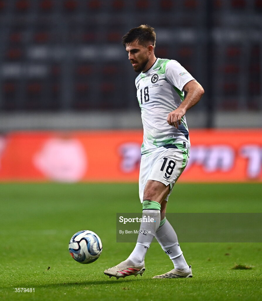 27 September 2026; Ryan Manning of Republic of Ireland during the UEFA Nations League B match between Israel and the Republic of Ireland at Nagyerdei Stadion in Debrecen, Hungary. Photo by Ben McShane/Sportsfile