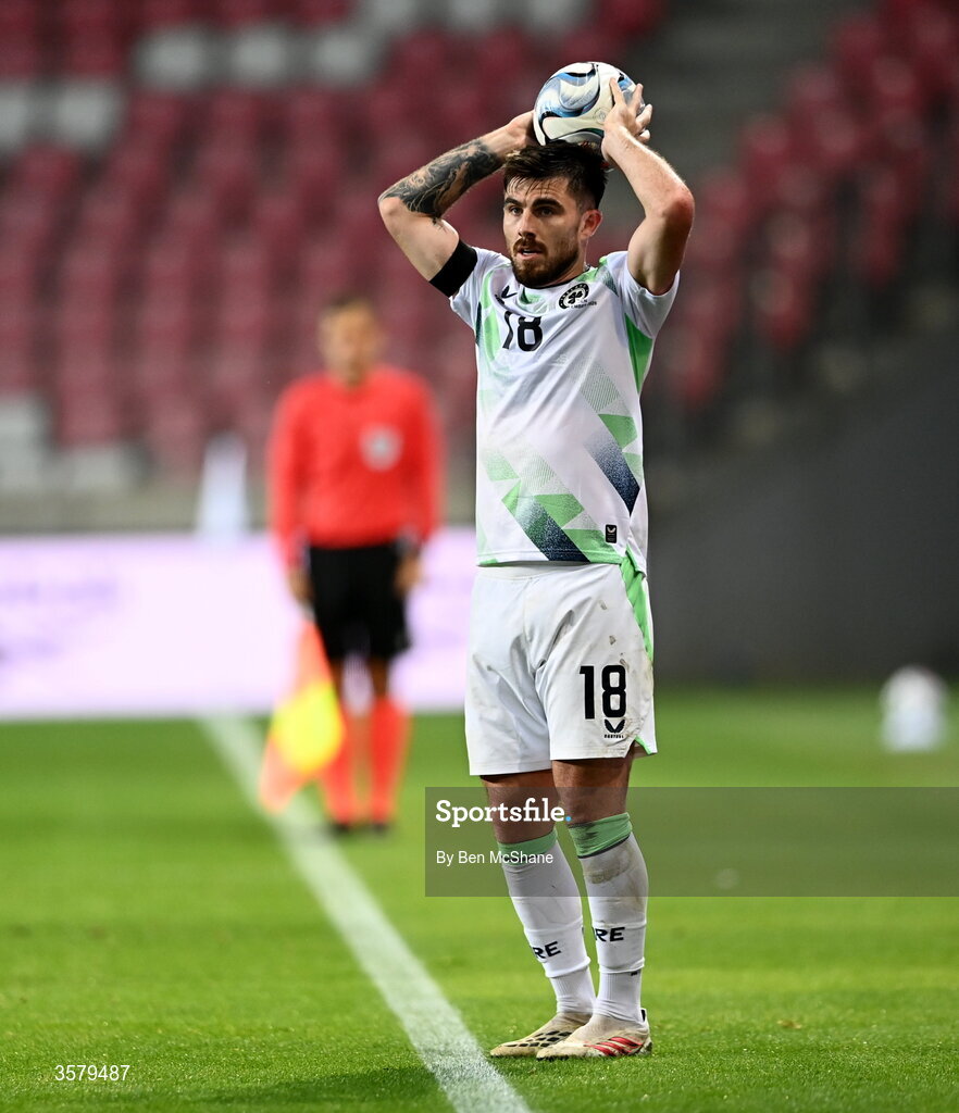 27 September 2026; Ryan Manning of Republic of Ireland takes a throw-in during the UEFA Nations League B match between Israel and the Republic of Ireland at Nagyerdei Stadion in Debrecen, Hungary. Photo by Ben McShane/Sportsfile