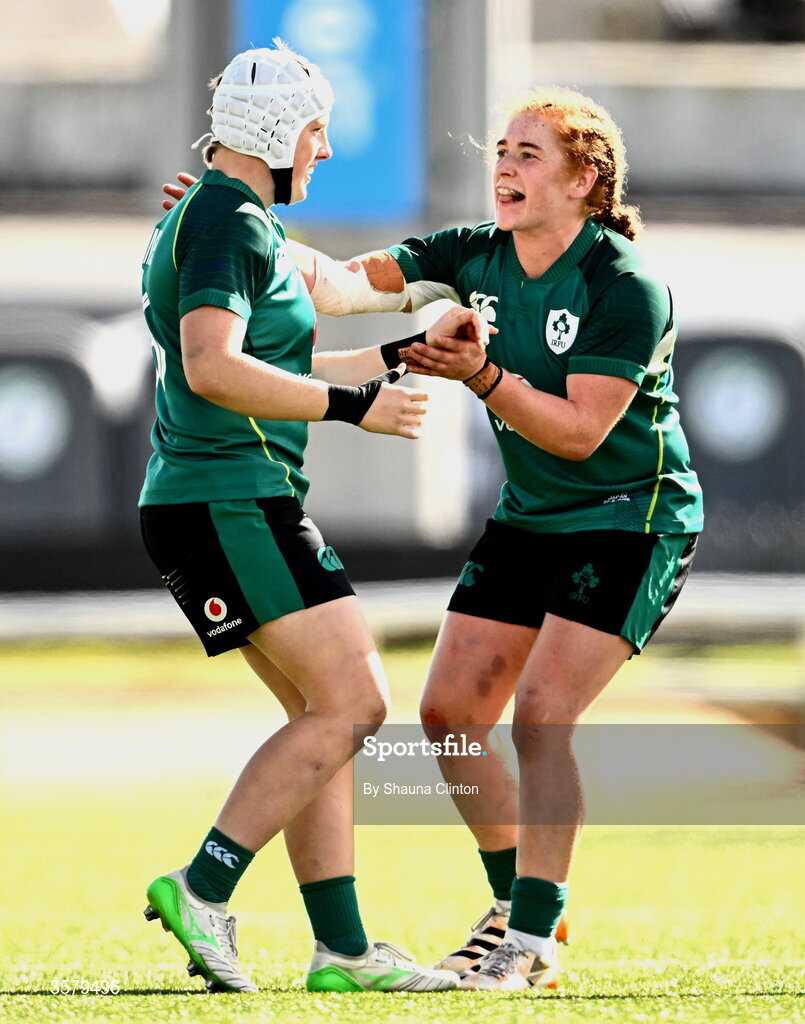 27 September 2026; Beth Buttimer of Ireland, left, is welcomed onto the pitch by team-mate Niamh O'Dowd as she makes her first senior international debut for Ireland during the WXV Global Series match between Ireland and Japan at Dexcom Stadium in Galway. Photo by Shauna Clinton/Sportsfile