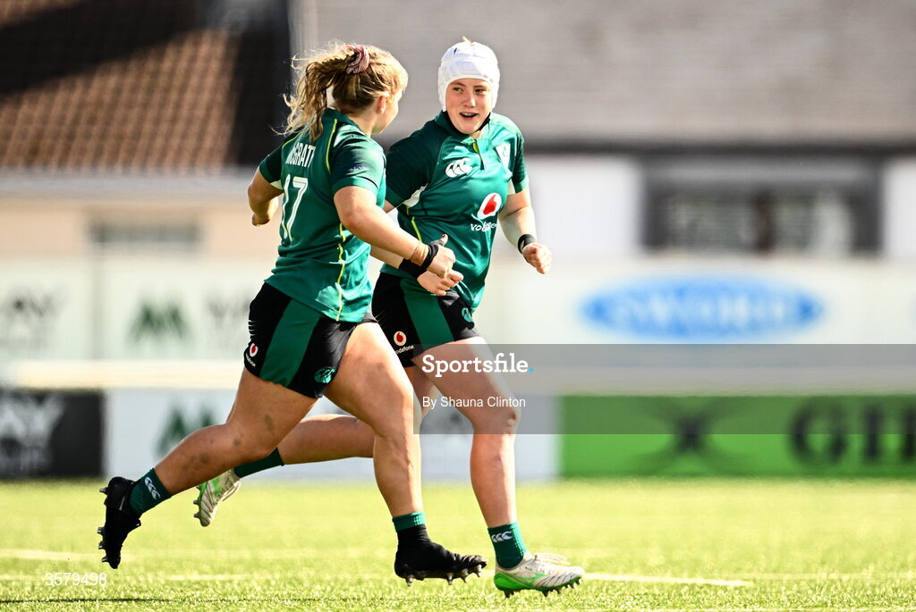 27 September 2026; Beth Buttimer of Ireland, right, makes her way onto the pitch for her first senior international debut for Ireland, alongside team-mate Sadhbh McGrath during the WXV Global Series match between Ireland and Japan at Dexcom Stadium in Galway. Photo by Shauna Clinton/Sportsfile