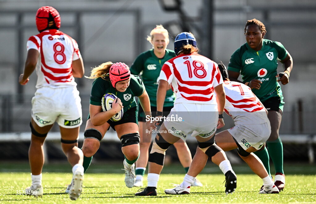 27 September 2026; Dorothy Wall of Ireland in action against Sakurako Korai of Japan during the WXV Global Series match between Ireland and Japan at Dexcom Stadium in Galway. Photo by Shauna Clinton/Sportsfile