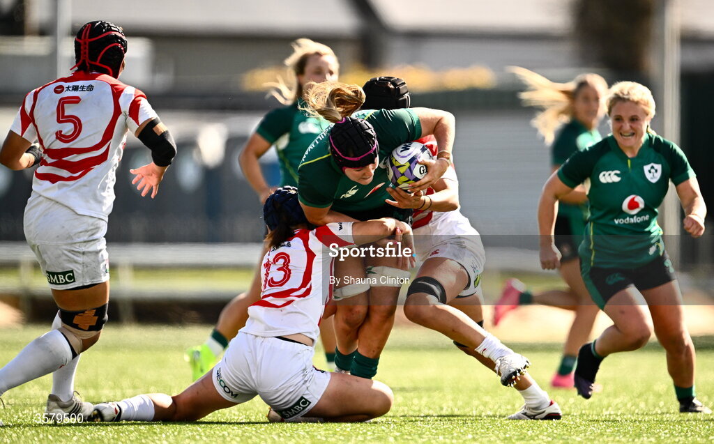 27 September 2026; Fiona Tuite-O'Sullivan of Ireland is tackled by Uta Kataoka of Japan during the WXV Global Series match between Ireland and Japan at Dexcom Stadium in Galway. Photo by Shauna Clinton/Sportsfile