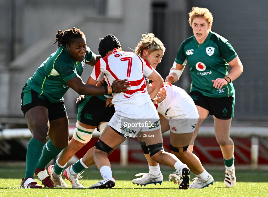27 September 2026; Erin King of Ireland is tackled by Sakurako Korai of Japan during the WXV Global Series match between Ireland and Japan at Dexcom Stadium in Galway. Photo by Shauna Clinton/Sportsfile