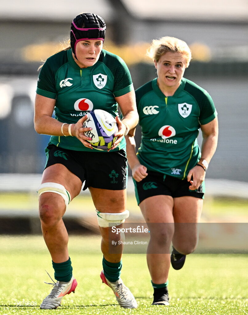 27 September 2026; Fiona Tuite-O'Sullivan, left, and Neve Jones of Ireland during the WXV Global Series match between Ireland and Japan at Dexcom Stadium in Galway. Photo by Shauna Clinton/Sportsfile