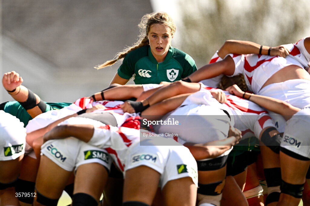 27 September 2026; Aoibheann Reilly of Ireland oversees a scrum during the WXV Global Series match between Ireland and Japan at Dexcom Stadium in Galway. Photo by Shauna Clinton/Sportsfile