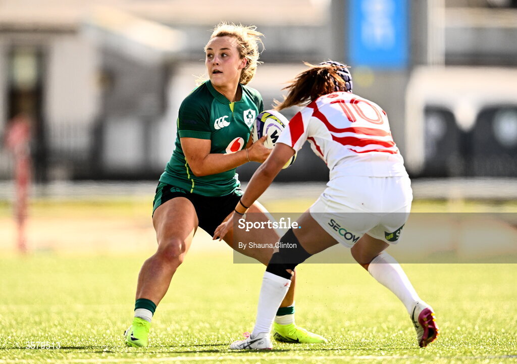 27 September 2026; Aoife Dalton of Ireland is tackled by Sawa Harada of Japan during the WXV Global Series match between Ireland and Japan at Dexcom Stadium in Galway. Photo by Shauna Clinton/Sportsfile
