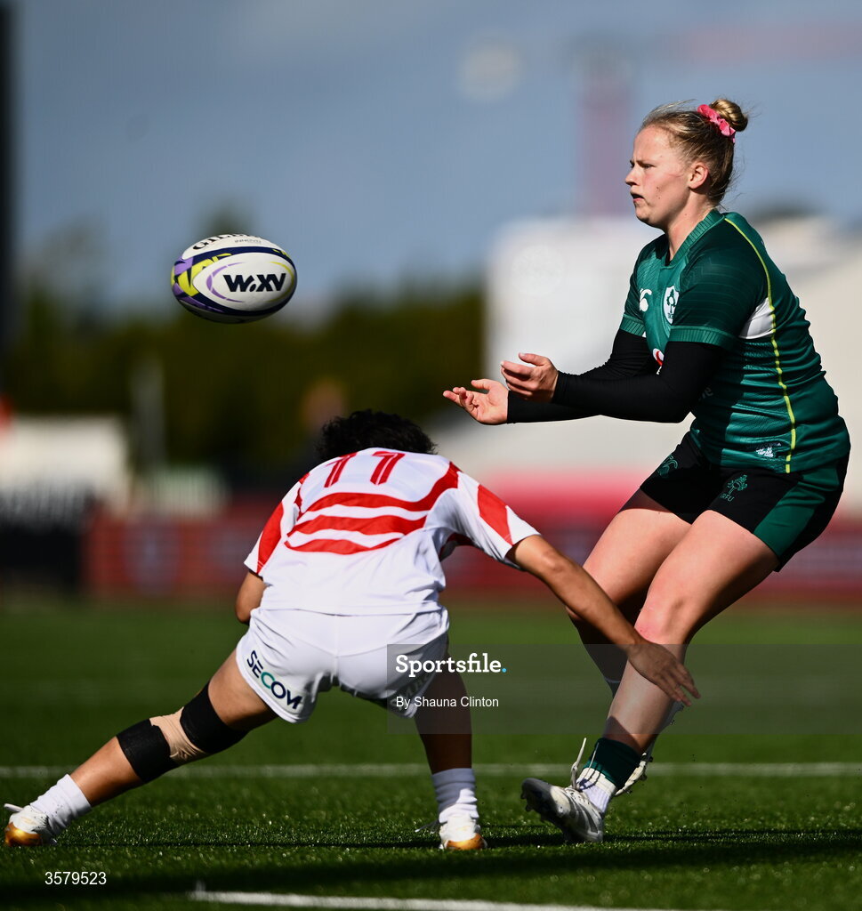 27 September 2026; Dannah O'Brien of Ireland is tackled by Komachi Imakugi of Japan during the WXV Global Series match between Ireland and Japan at Dexcom Stadium in Galway. Photo by Shauna Clinton/Sportsfile
