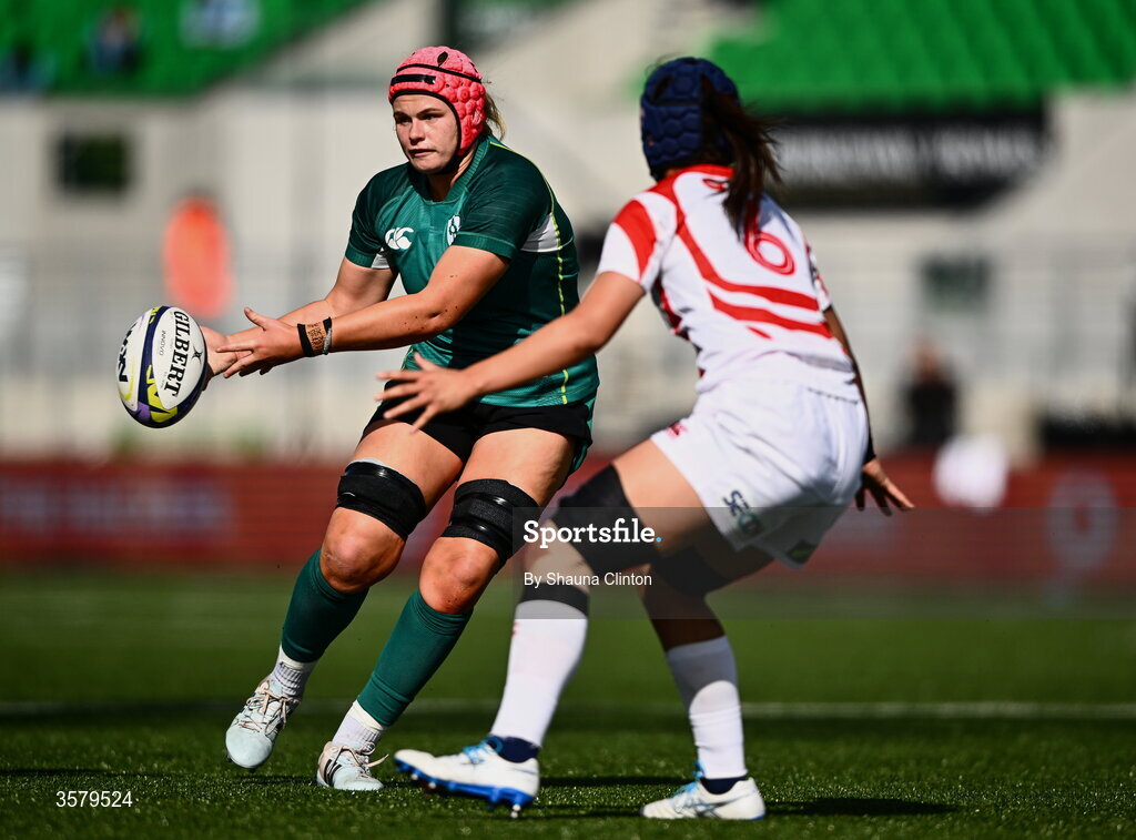 27 September 2026; Dorothy Wall of Ireland is tackled by Nami Asari of Japan during the WXV Global Series match between Ireland and Japan at Dexcom Stadium in Galway. Photo by Shauna Clinton/Sportsfile