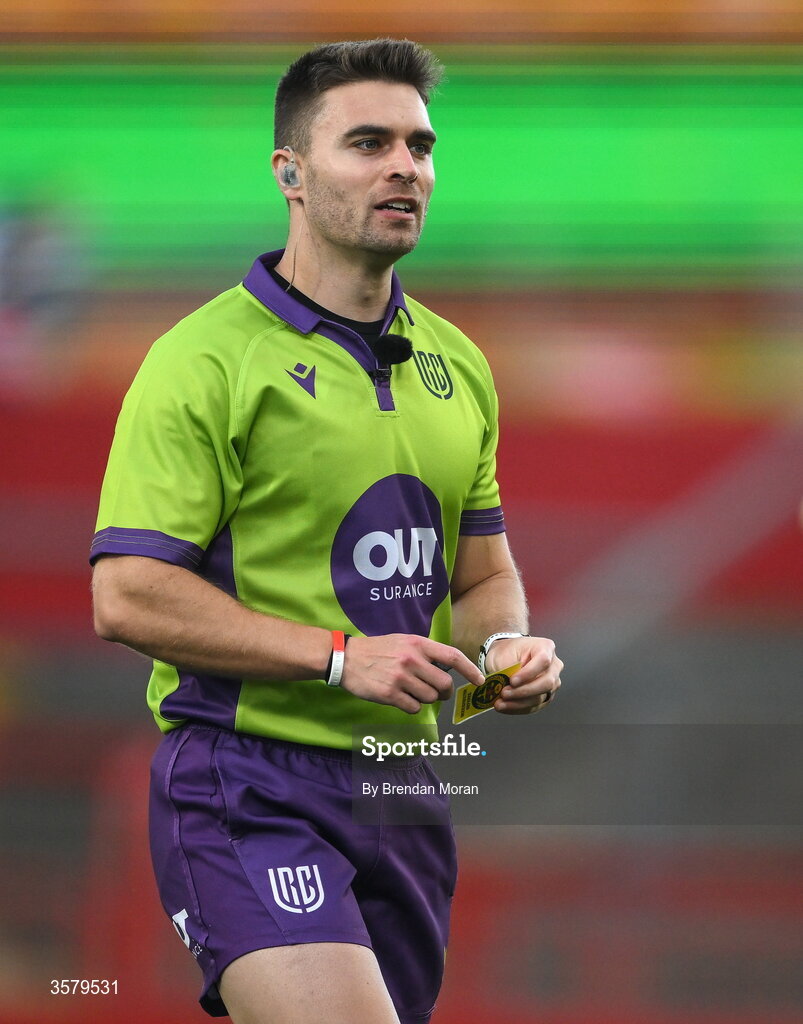 26 September 2026; Referee Morne Ferreira during the United Rugby Championship match between Munster and Glasgow Warriors at Thomond Park in Limerick. Photo by Brendan Moran/Sportsfile
