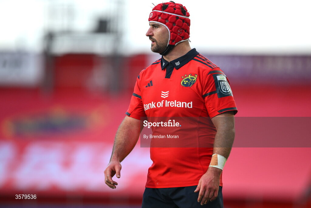 26 September 2026; Diarmuid Barron of Munster during the United Rugby Championship match between Munster and Glasgow Warriors at Thomond Park in Limerick. Photo by Brendan Moran/Sportsfile