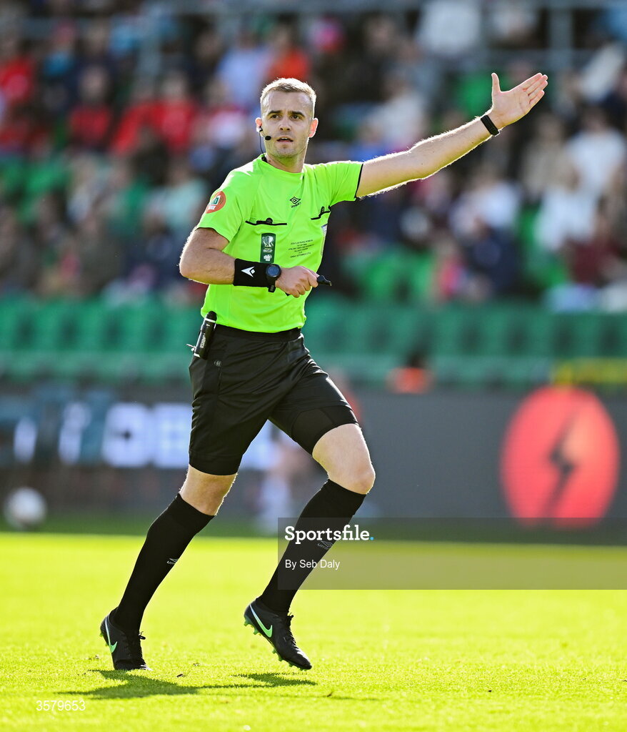 27 September 2026; Referee Mark Patchell during the 2026 Club Orange Women's FAI Cup final between Athlone Town and Shelbourne at Tallaght Stadium in Dublin. Photo by Seb Daly/Sportsfile