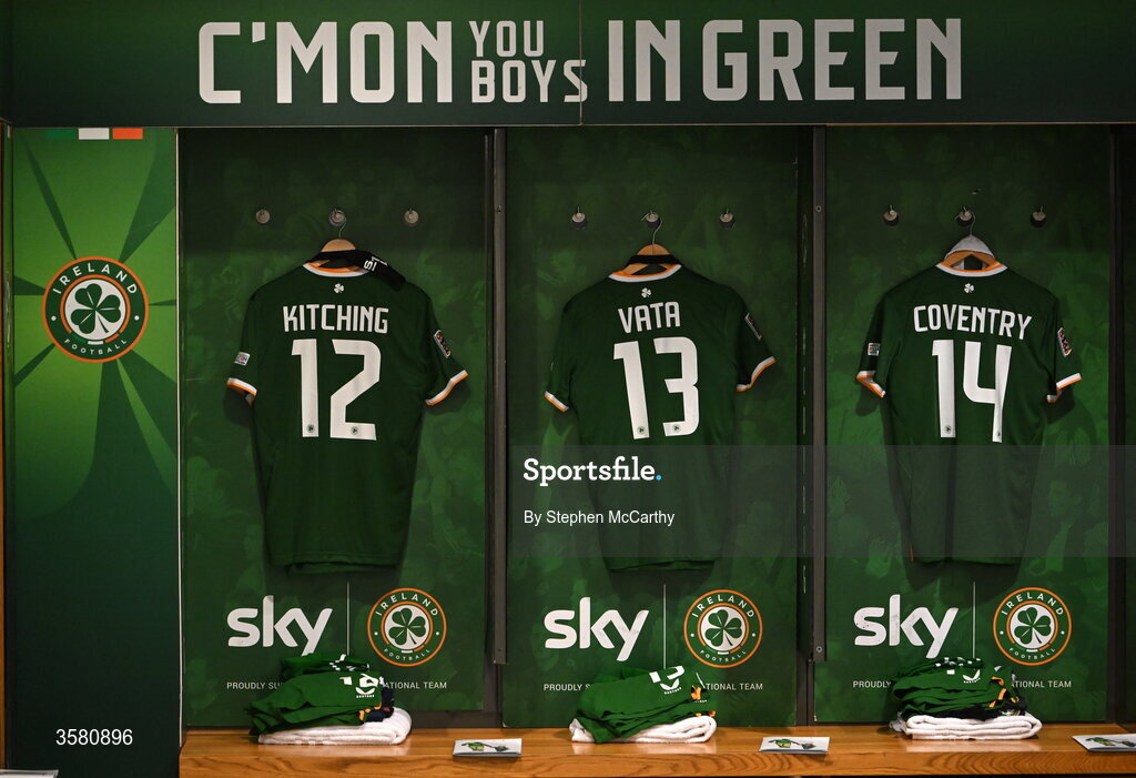 1 October 2026; The jerseys of, from left, Liam Kitching, Rocco Vata and Conor Coventry hang in the Republic of Ireland dressing room before the UEFA Nations League B match between the Republic of Ireland and Austria at the Aviva Stadium in Dublin. Photo by Stephen McCarthy/Sportsfile