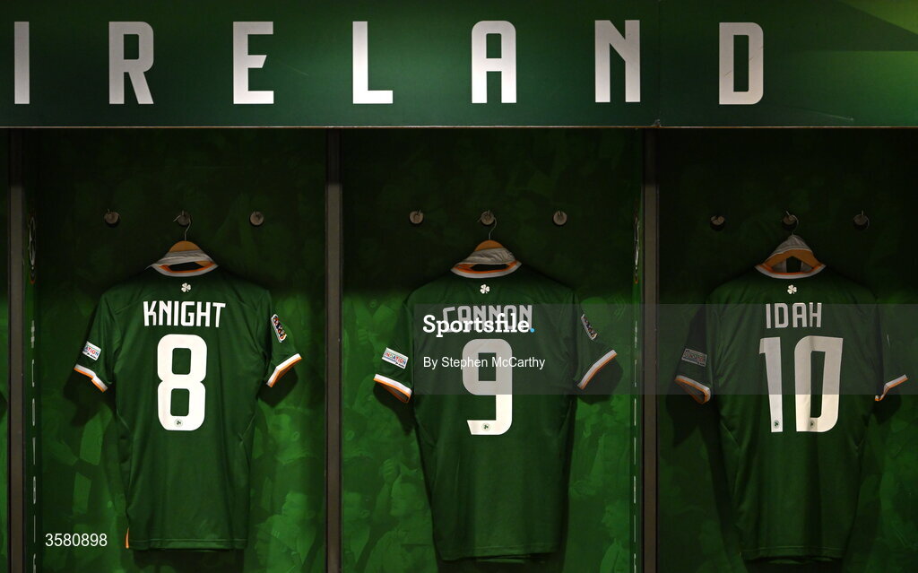 1 October 2026; The jerseys of, from left, Jason Knight, Tom Cannon and Adam Idah hang in the Republic of Ireland dressing room before the UEFA Nations League B match between the Republic of Ireland and Austria at the Aviva Stadium in Dublin. Photo by Stephen McCarthy/Sportsfile