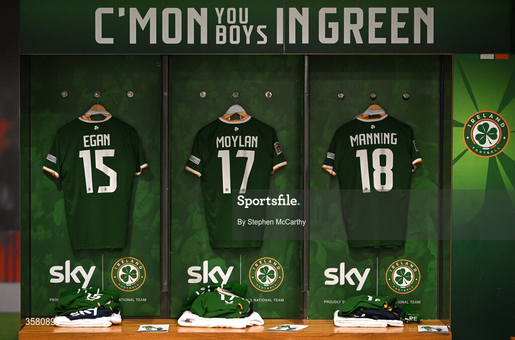 1 October 2026; The jerseys of, from left, John Egan, Jack Moylan and Ryan Manning hang in the Republic of Ireland dressing room before the UEFA Nations League B match between the Republic of Ireland and Austria at the Aviva Stadium in Dublin. Photo by Stephen McCarthy/Sportsfile