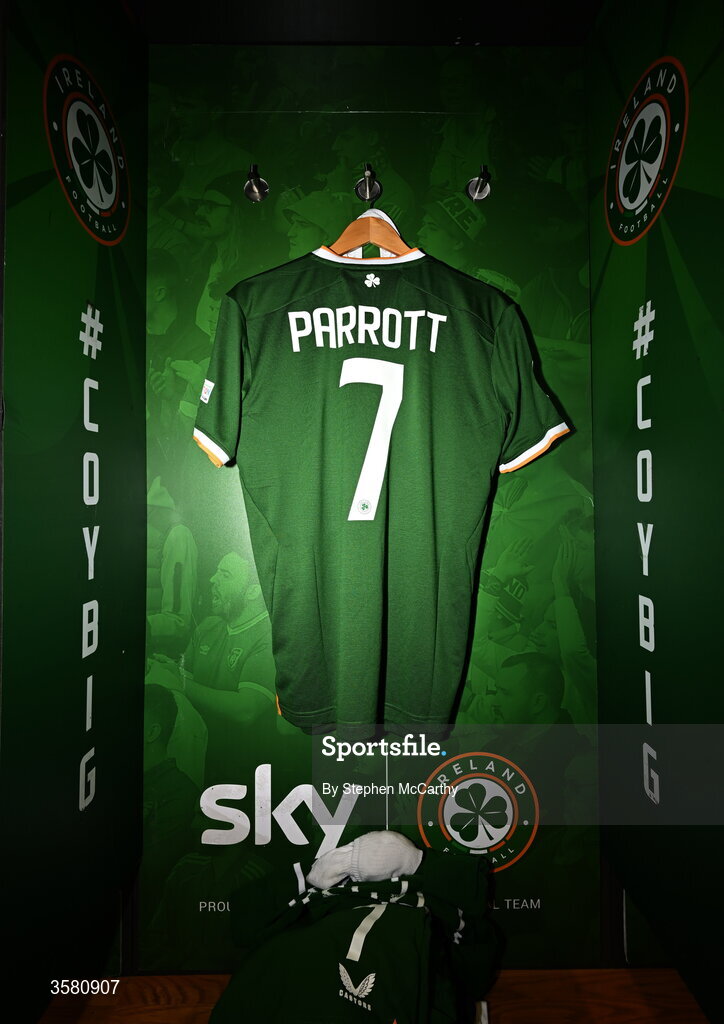 1 October 2026; The jersey of Troy Parrott hangs in the Republic of Ireland dressing room before the UEFA Nations League B match between the Republic of Ireland and Austria at the Aviva Stadium in Dublin. Photo by Stephen McCarthy/Sportsfile