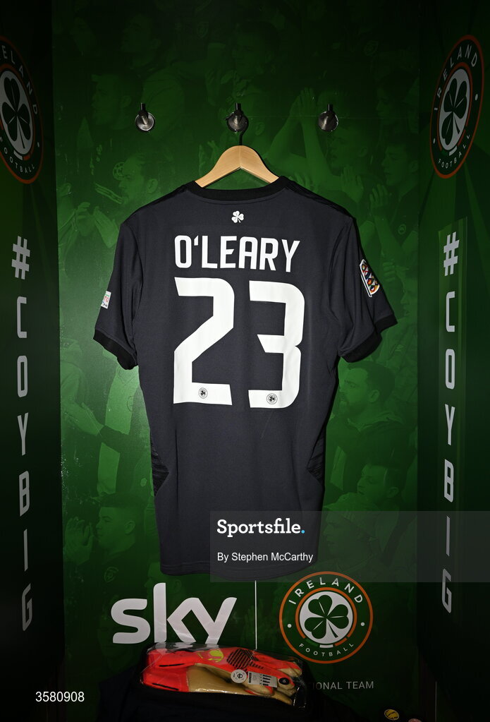 1 October 2026; The jersey of goalkeeper Max O'Leary hangs in the Republic of Ireland dressing room before the UEFA Nations League B match between the Republic of Ireland and Austria at the Aviva Stadium in Dublin. Photo by Stephen McCarthy/Sportsfile