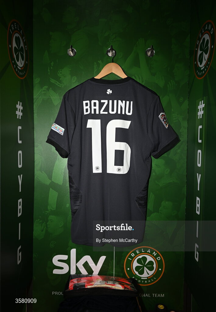 1 October 2026; The jersey of goalkeeper Gavin Bazunu hangs in the Republic of Ireland dressing room before the UEFA Nations League B match between the Republic of Ireland and Austria at the Aviva Stadium in Dublin. Photo by Stephen McCarthy/Sportsfile