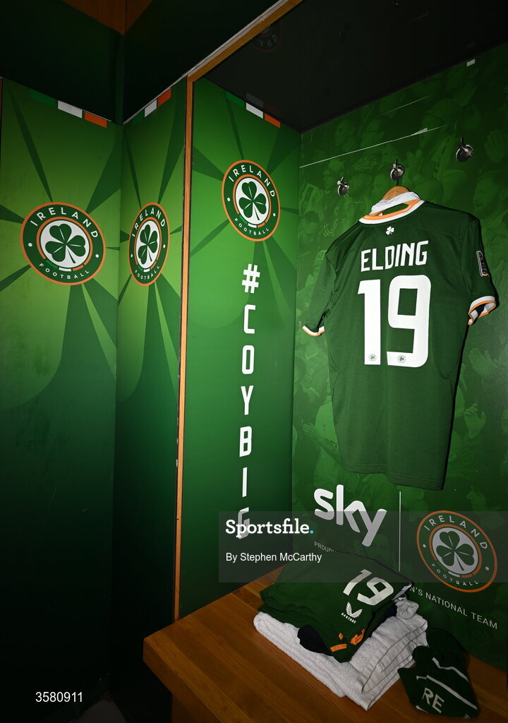 1 October 2026; The jersey of Owen Elding hangs in the Republic of Ireland dressing room before the UEFA Nations League B match between the Republic of Ireland and Austria at the Aviva Stadium in Dublin. Photo by Stephen McCarthy/Sportsfile
