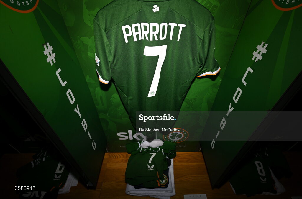 1 October 2026; The jersey of Troy Parrott hangs in the Republic of Ireland dressing room before the UEFA Nations League B match between the Republic of Ireland and Austria at the Aviva Stadium in Dublin. Photo by Stephen McCarthy/Sportsfile