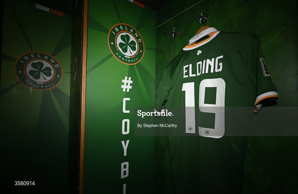 1 October 2026; The jersey of Owen Elding hangs in the Republic of Ireland dressing room before the UEFA Nations League B match between the Republic of Ireland and Austria at the Aviva Stadium in Dublin. Photo by Stephen McCarthy/Sportsfile