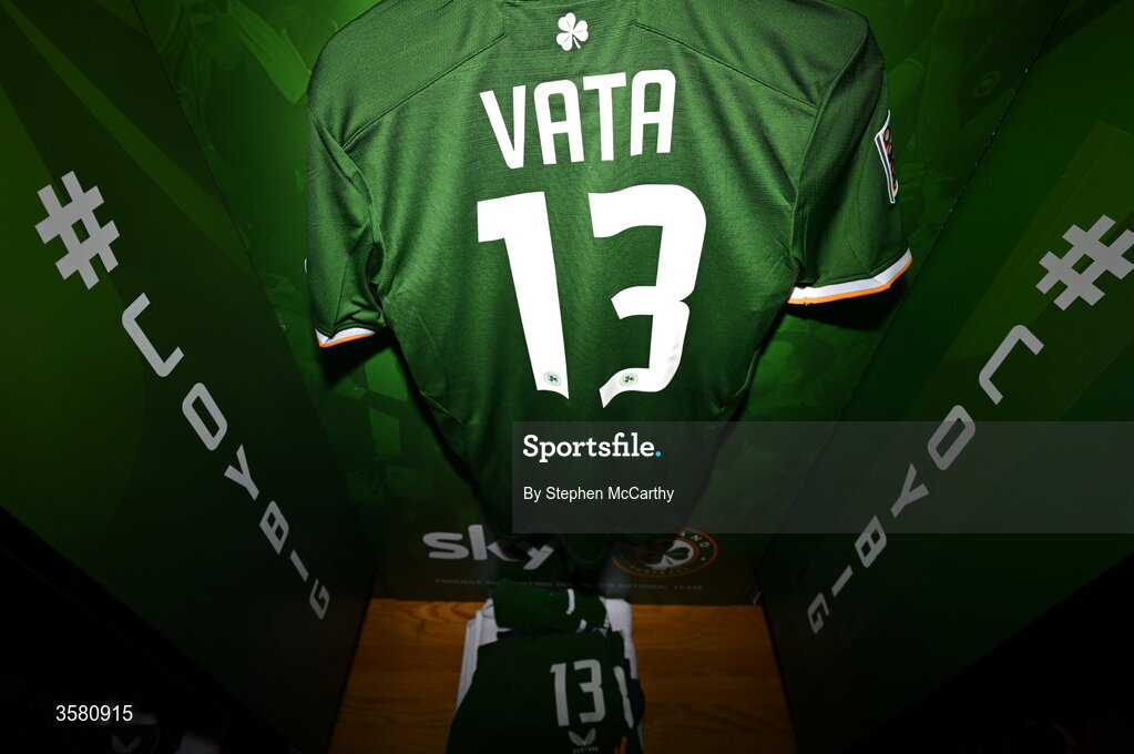 1 October 2026; The jersey of Rocco Vata hangs in the Republic of Ireland dressing room before the UEFA Nations League B match between the Republic of Ireland and Austria at the Aviva Stadium in Dublin. Photo by Stephen McCarthy/Sportsfile