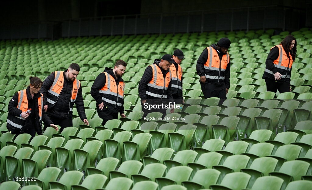 1 October 2026; Members of security check the seats before the UEFA Nations League B match between the Republic of Ireland and Austria at the Aviva Stadium in Dublin. Photo by Stephen McCarthy/Sportsfile