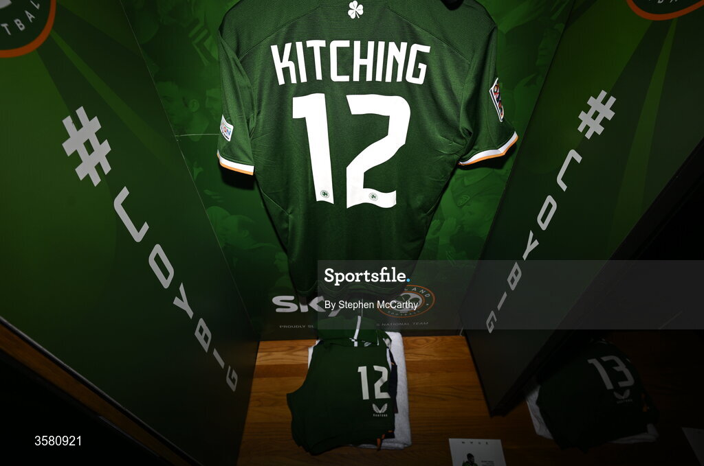 1 October 2026; The jersey of Liam Kitching hangs in the Republic of Ireland dressing room before the UEFA Nations League B match between the Republic of Ireland and Austria at the Aviva Stadium in Dublin. Photo by Stephen McCarthy/Sportsfile