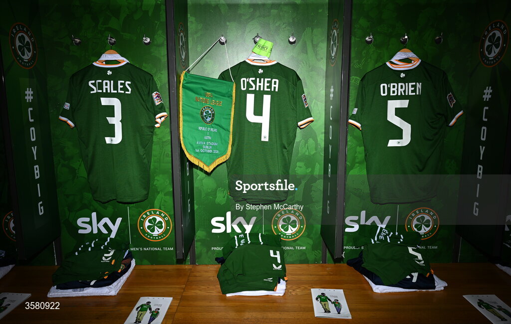 1 October 2026; The jerseys of, from left, Liam Scales, Dara O'Shea and Jake O'Brien hang in the Republic of Ireland dressing room before the UEFA Nations League B match between the Republic of Ireland and Austria at the Aviva Stadium in Dublin. Photo by Stephen McCarthy/Sportsfile