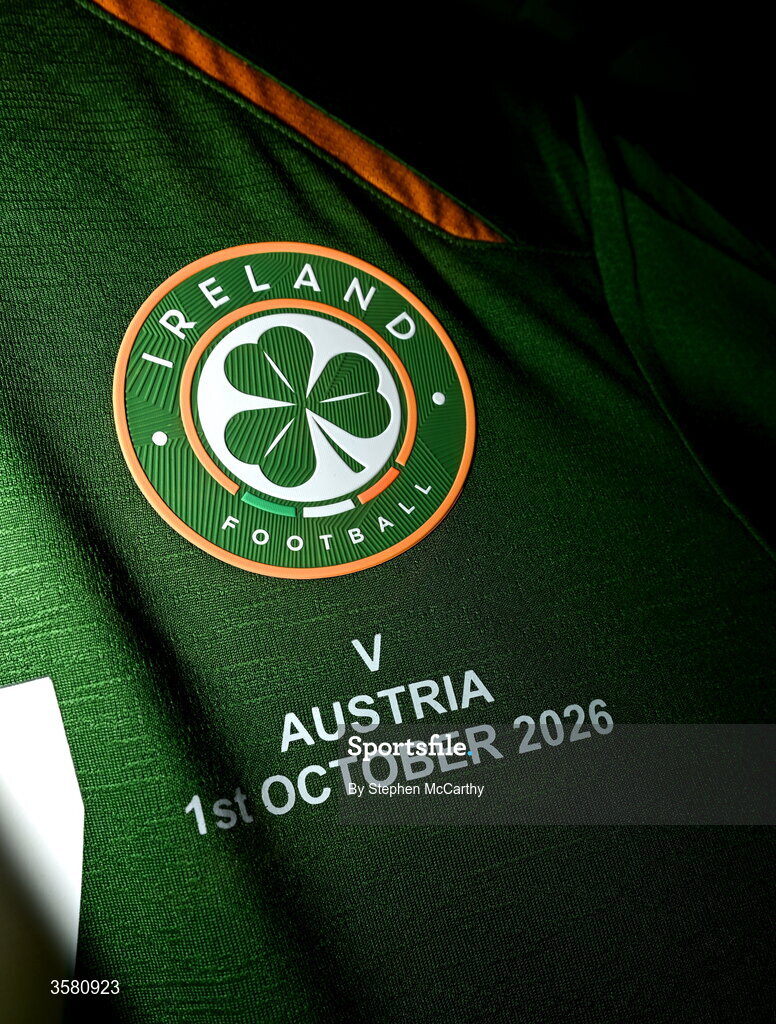 1 October 2026; A detailed view of the Republic of Ireland crest the UEFA Nations League B match between the Republic of Ireland and Austria at the Aviva Stadium in Dublin. Photo by Stephen McCarthy/Sportsfile