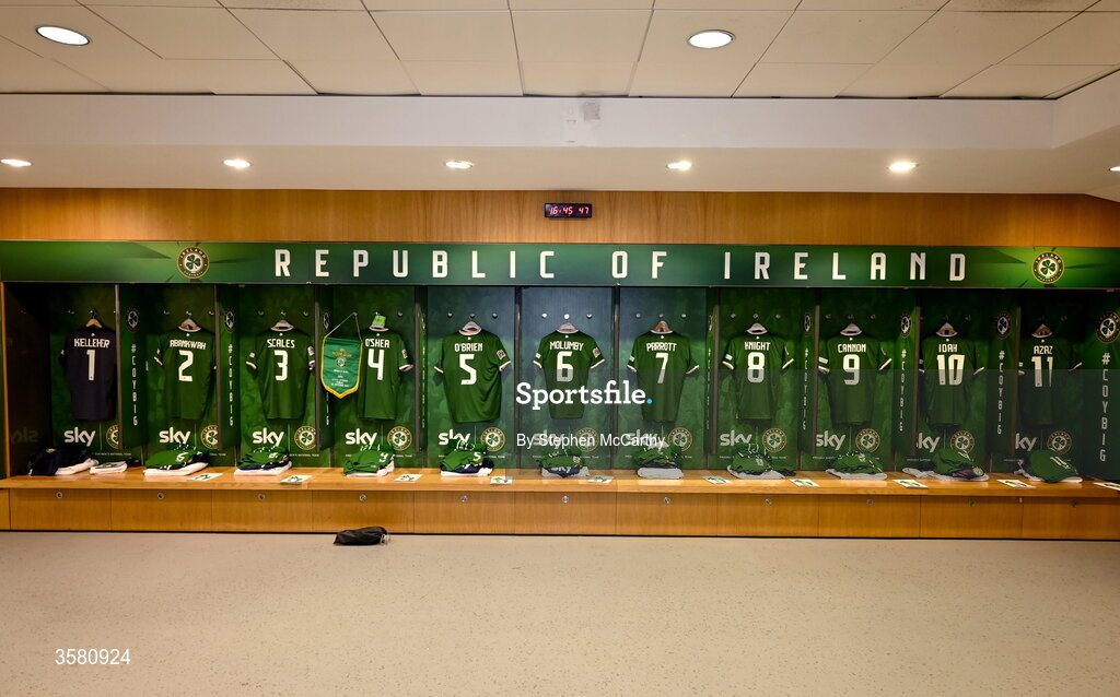 1 October 2026; A general view of the Republic of Ireland dressing room before the UEFA Nations League B match between the Republic of Ireland and Austria at the Aviva Stadium in Dublin. Photo by Stephen McCarthy/Sportsfile