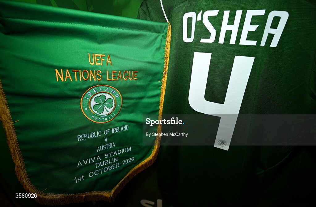 1 October 2026; The jersey of Dara O'Shea hangs in the Republic of Ireland dressing room before the UEFA Nations League B match between the Republic of Ireland and Austria at the Aviva Stadium in Dublin. Photo by Stephen McCarthy/Sportsfile