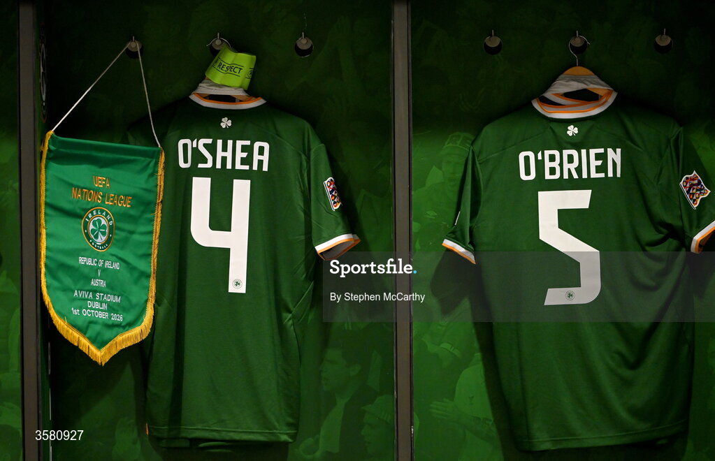 1 October 2026; The jerseys of Dara O'Shea, left, and Jake O'Brien hang in the Republic of Ireland dressing room before the UEFA Nations League B match between the Republic of Ireland and Austria at the Aviva Stadium in Dublin. Photo by Stephen McCarthy/Sportsfile