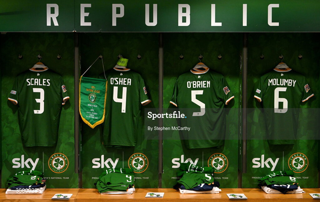 1 October 2026; The jerseys of, from left, Liam Scales, Dara O'Shea, Jake O'Brien and Jayson Molumby hang in the Republic of Ireland dressing room before the UEFA Nations League B match between the Republic of Ireland and Austria at the Aviva Stadium in Dublin. Photo by Stephen McCarthy/Sportsfile