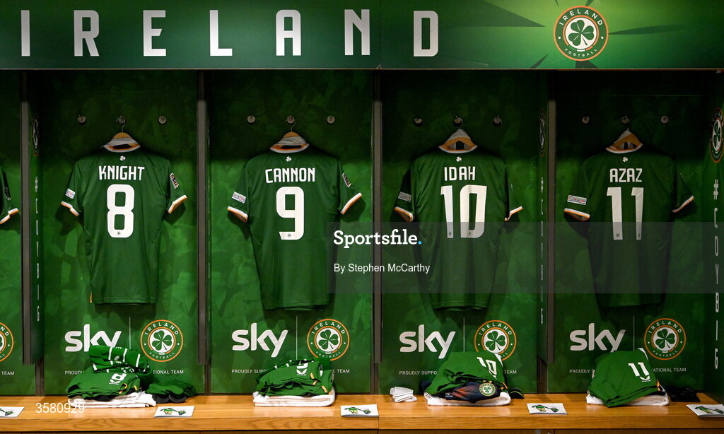 1 October 2026; The jerseys of, from left, Jason Knight, Tom Cannon, Adam Idah and Finn Azaz hang in the Republic of Ireland dressing room before the UEFA Nations League B match between the Republic of Ireland and Austria at the Aviva Stadium in Dublin. Photo by Stephen McCarthy/Sportsfile