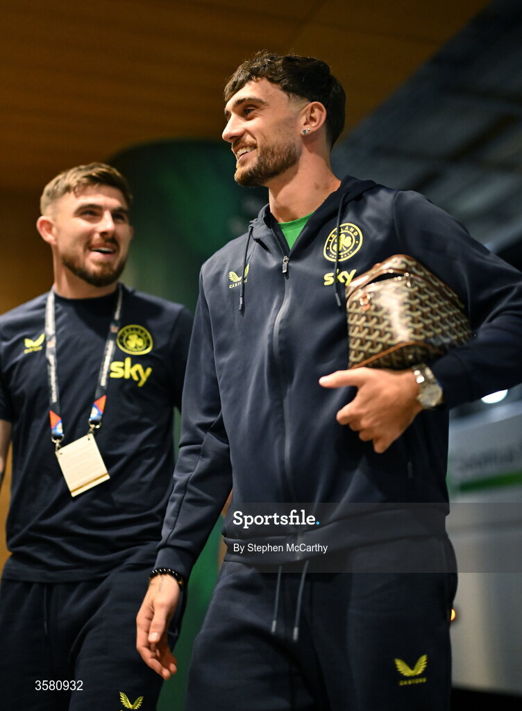 1 October 2026; Ryan Manning, left, and Troy Parrott of Republic of Ireland before the UEFA Nations League B match between the Republic of Ireland and Austria at the Aviva Stadium in Dublin. Photo by Stephen McCarthy/Sportsfile