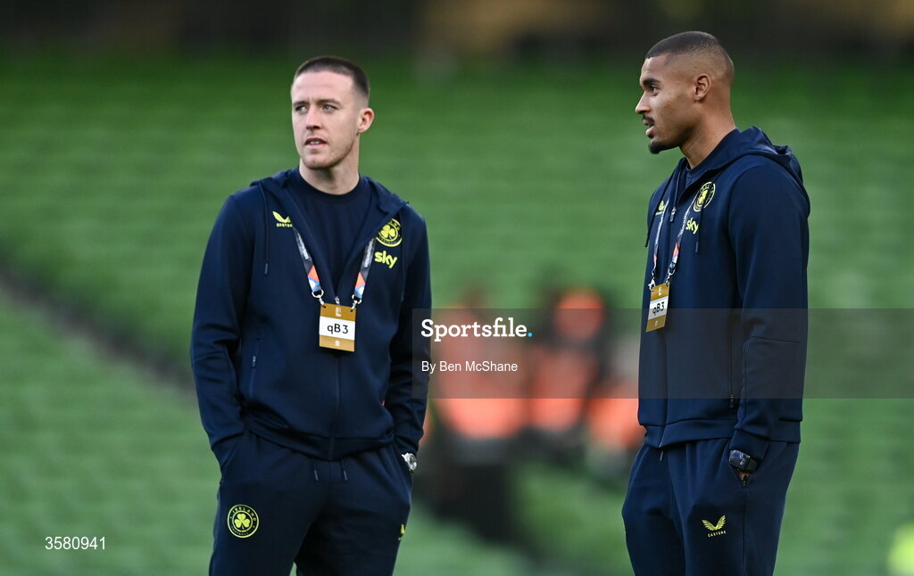 1 October 2026; Jack Moylan of Republic of Ireland, left, and teammate Gavin Bazunu before the UEFA Nations League B match between the Republic of Ireland and Austria at the Aviva Stadium in Dublin. Photo by Ben McShane/Sportsfile