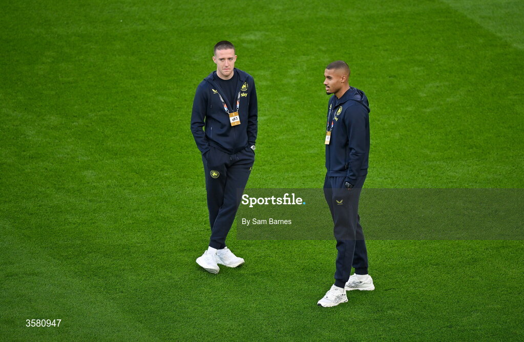 1 October 2026; Jack Moylan of Republic of Ireland, left, and teammate Gavin Bazunu before the UEFA Nations League B match between the Republic of Ireland and Austria at the Aviva Stadium in Dublin. Photo by Sam Barnes/Sportsfile