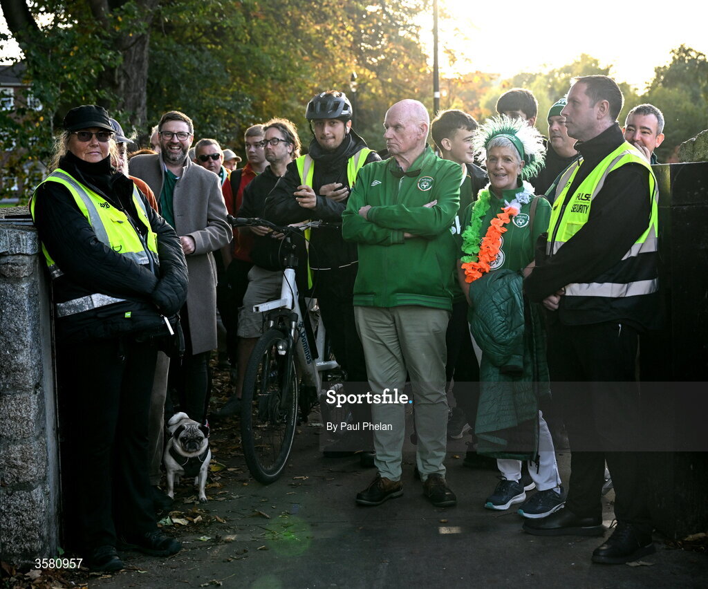 1 October 2026; Supporters are stopped by stewards on their way to the stadium before the UEFA Nations League B match between the Republic of Ireland and Austria at the Aviva Stadium in Dublin. Photo by Paul Phelan/Sportsfile