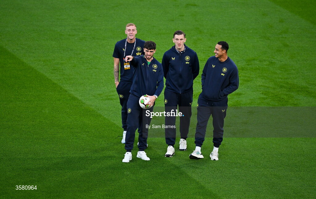 1 October 2026; Republic of Ireland players, from left, Killian Phillips, Troy Parrott, Jimmy Dunne and Adam Idah before the UEFA Nations League B match between the Republic of Ireland and Austria at the Aviva Stadium in Dublin. Photo by Sam Barnes/Sportsfile