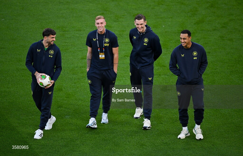 1 October 2026; Republic of Ireland players, from left, Troy Parrott, Killian Phillips, Jimmy Dunne and Adam Idah before the UEFA Nations League B match between the Republic of Ireland and Austria at the Aviva Stadium in Dublin. Photo by Sam Barnes/Sportsfile