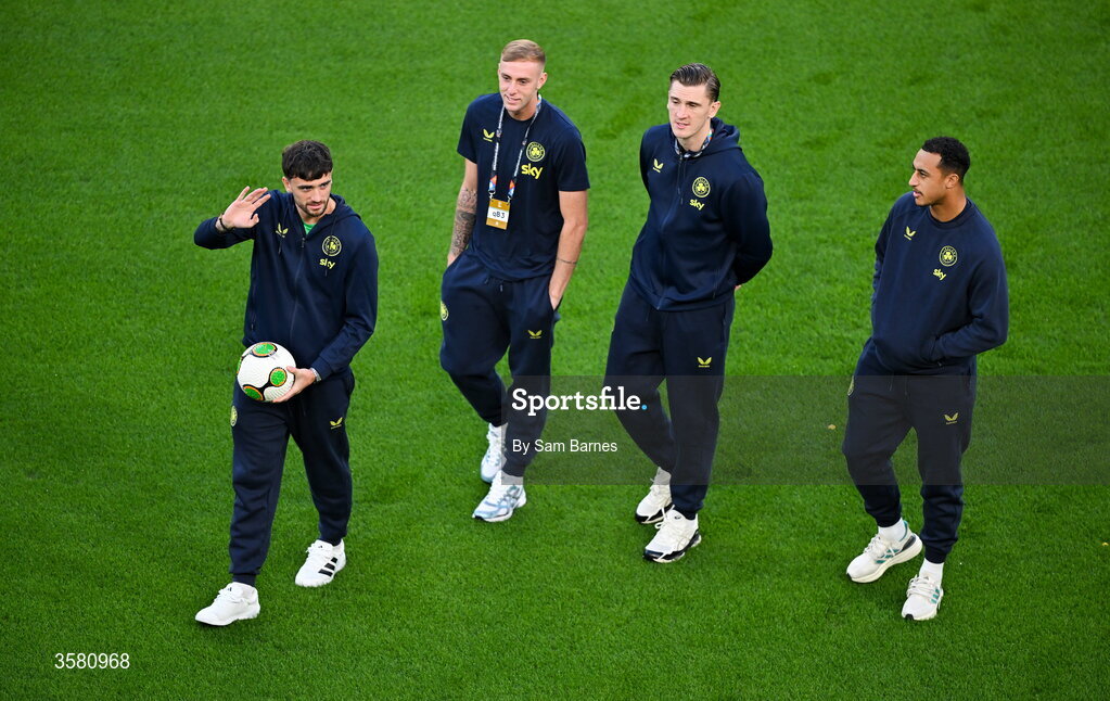 1 October 2026; Republic of Ireland players, from left, Troy Parrott, Killian Phillips, Jimmy Dunne and Adam Idah before the UEFA Nations League B match between the Republic of Ireland and Austria at the Aviva Stadium in Dublin. Photo by Sam Barnes/Sportsfile
