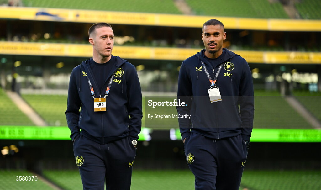 1 October 2026; Jack Moylan of Republic of Ireland, left, and teammate Gavin Bazunu before the UEFA Nations League B match between the Republic of Ireland and Austria at the Aviva Stadium in Dublin. Photo by Stephen McCarthy/Sportsfile