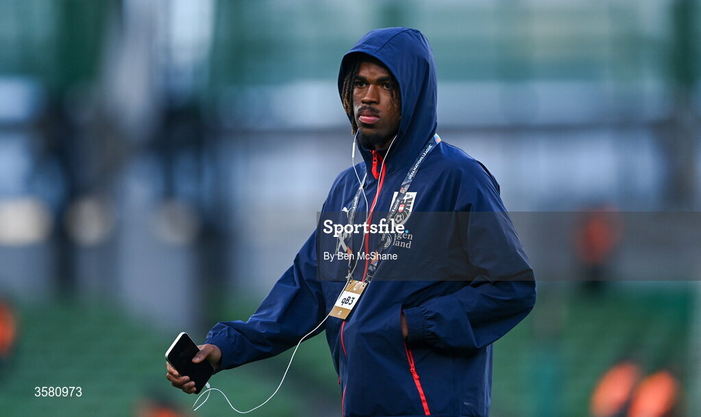 1 October 2026; Carney Chukwuemeka of Austria before the UEFA Nations League B match between the Republic of Ireland and Austria at the Aviva Stadium in Dublin. Photo by Ben McShane/Sportsfile
