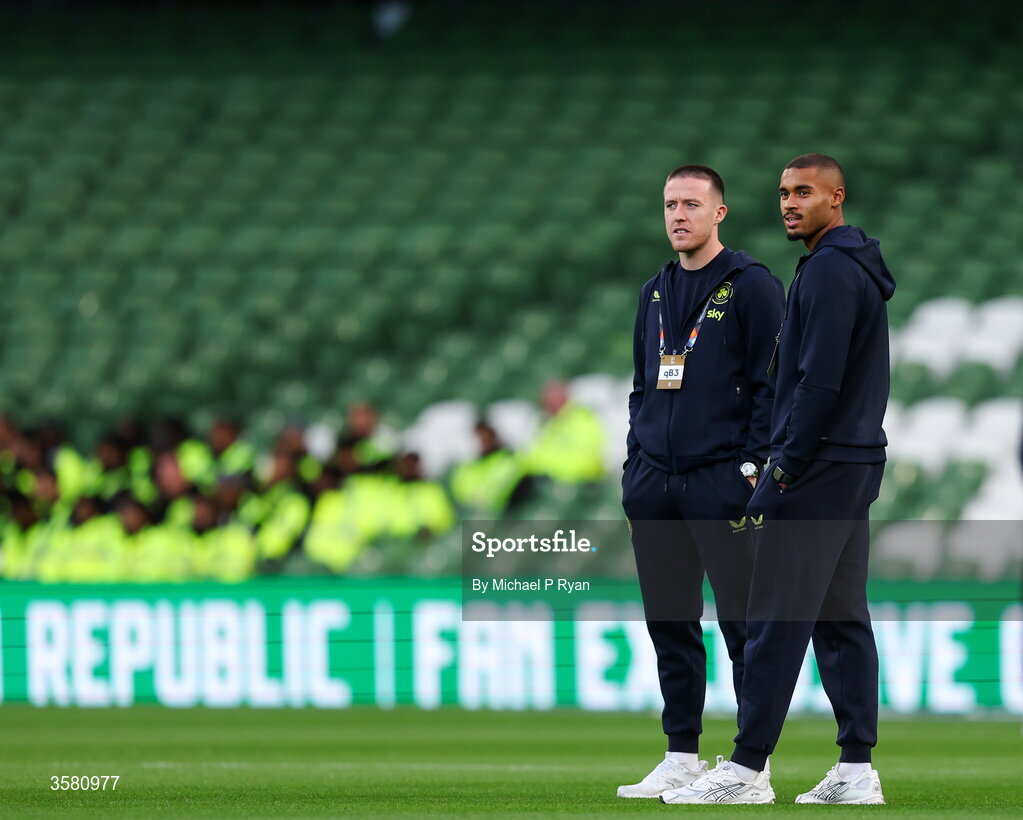 1 October 2026; Republic of Ireland players Jack Moylan, left and Gavin Bazunu before the UEFA Nations League B match between the Republic of Ireland and Austria at the Aviva Stadium in Dublin. Photo by Michael P Ryan/Sportsfile