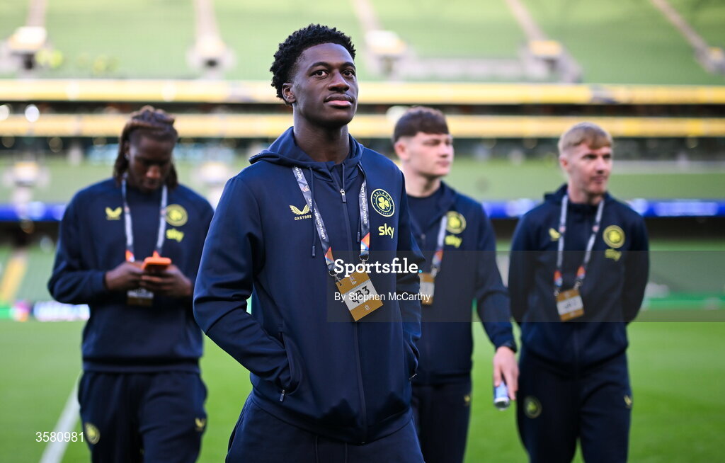 1 October 2026; James Abankwah of Republic of Ireland walks the pitch before the UEFA Nations League B match between the Republic of Ireland and Austria at the Aviva Stadium in Dublin. Photo by Stephen McCarthy/Sportsfile