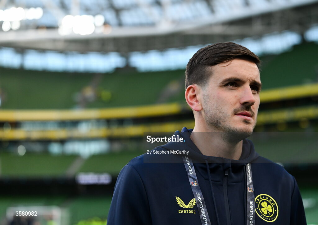 1 October 2026; Liam Kitching of Republic of Ireland walks the pitch before the UEFA Nations League B match between the Republic of Ireland and Austria at the Aviva Stadium in Dublin. Photo by Stephen McCarthy/Sportsfile
